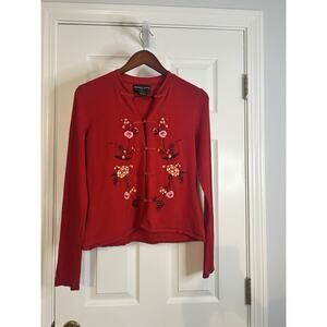 August Silk Red Embroidered Knit Top Women’s Size M Long Sleeve Stretch